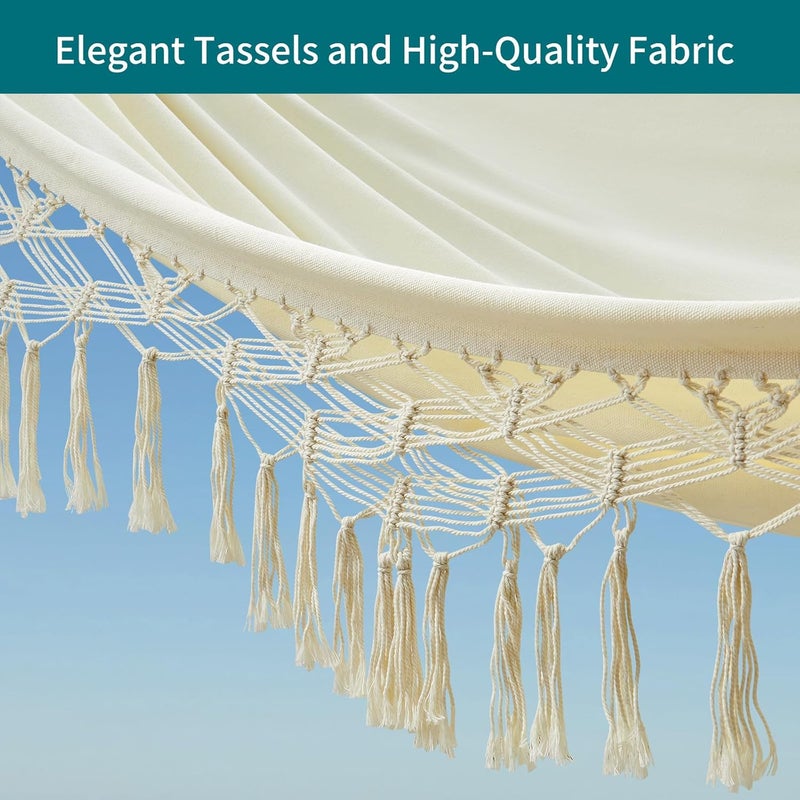 JoyView Boho Macrame Double Hammock with Hanging Ropes & Elegant Tassels 86.6x59 Portable Cotton Hammock for Patio Backyard Porch 450LBS Weight Capacity Perfect for Outdoor/Indoor - Beige Color - Image 5